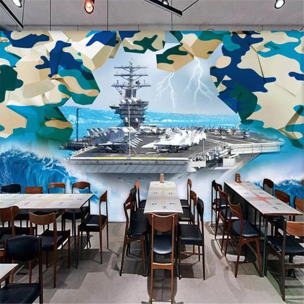 Milofi custom 3D three-dimensional wallpaper mural aircraft carrier broken wall into the bar KTV background wall