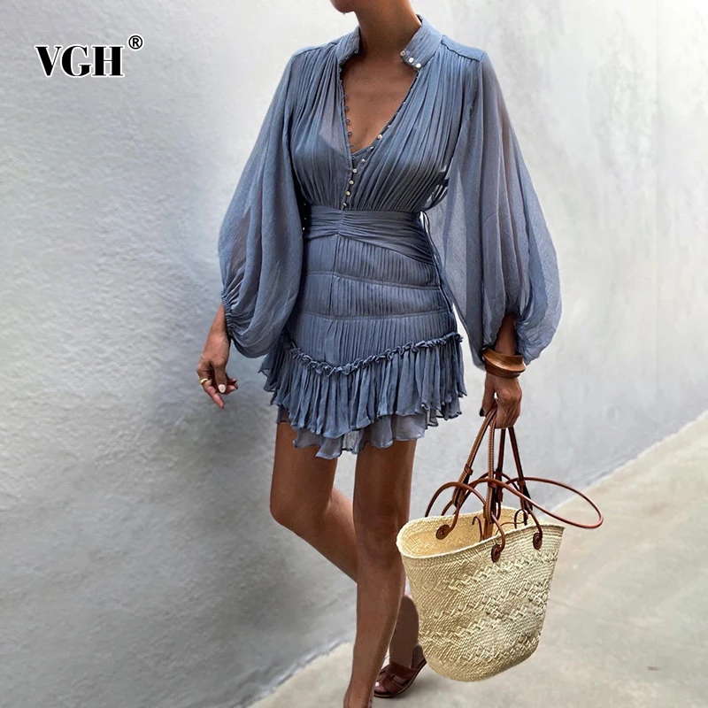 

VGH Temperament Fold Pleated Mini Dress For Women V Neck Puff Long Sleeve High Waist Button Slim Mesh Dresses Female 2024 Style