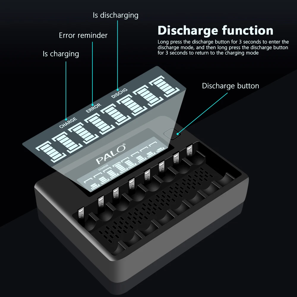 PALO 8 Slots LCD Smart AA Battery Charger For 1.2V AA AAA NI-MH NI-CD Rechargerable Battery 2A 3A Fast Charging USB Charger