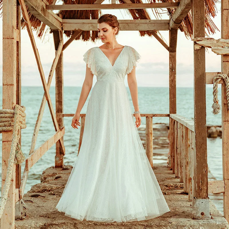 Robe de mariée bohème en dentelle pour femmes, dos ouvert, ligne A, tulle, longueur au sol, col en V, patients, robe de plage, 2024