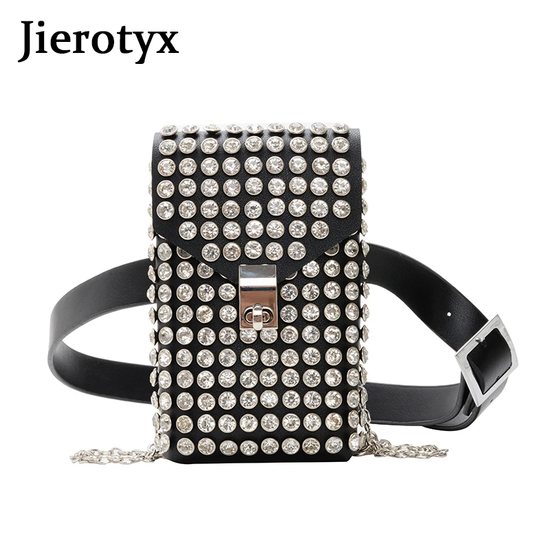 JIEROTYX Luxury Full Rhinestone Women Phone Waist Bags Detachable PU Leather Waist Belt Shoe chain Crossbody Shoulder Bag Pack