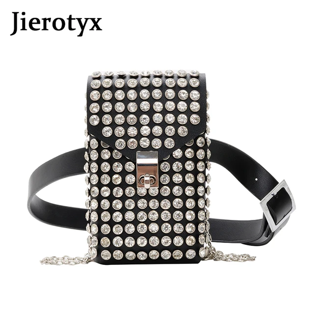 JIEROTYX luksusowy pokryty kryształami kobiety telefon saszetki na pas odpinany PU skórzany pas biodrowy łańcuszek na buty torba na ramię Crossbody Pack