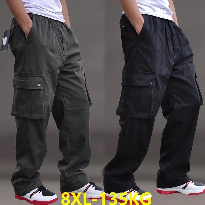 Big Size 8XL 135KG spring winter Men thick Pants pockets safari style Out door straight pants oversize loose army green Pants