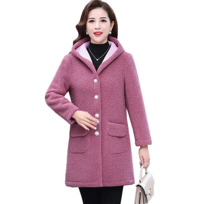 

Middle-aged Women Autumn Winter Jacket Thick Cotton Clothing New Hooded Lambs Wool Coat Female Mid Long Women's Basic Coat 5XL