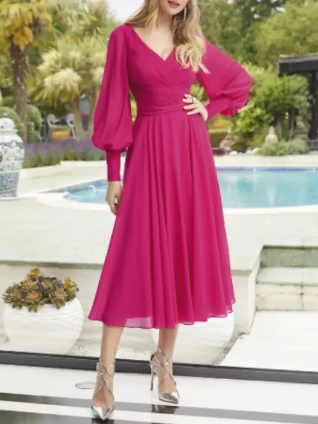 Fuchsia Mother of the Bride Dress Sexy V Neck Tea Length Chiffon Long Sleeve Pleats Party Gown Customed Robe De Soiree Mariage