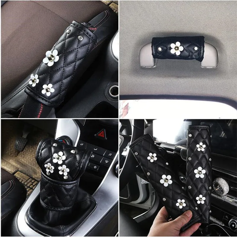 

Small Daisy Flower Diamond-encrusted Gear Shift Collar Rearview Mirror Seat Belt Cover Car Interior Supplies Handbrake Cover