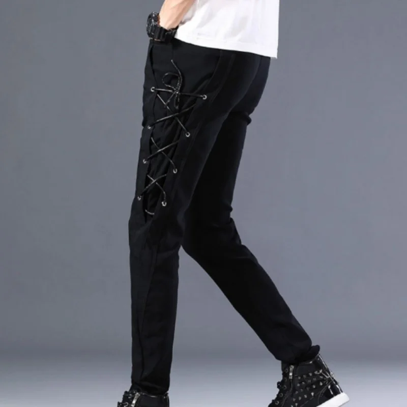 

Summer Fashion Korean Style Slim Fit Mens Pants Full Length Male Trousers Personality Skinny Lace Up Pants For Men Free Shipping