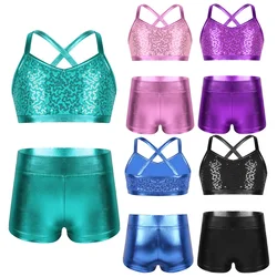 Kids Girls Tankini Ballet Dance Clothes Set Shiny Sequins Tank Crop Top With Shorts Tracksuit Outfit Workout Gymnastics Costume