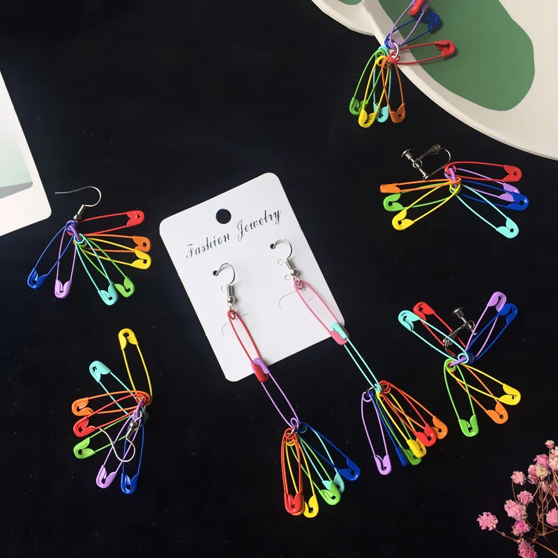 Donarsei 2024 New Fashion Rainbow Safety Pin Earrings For Women Minimalist Colorful Paperclip Drop Earrings Ear Threader Party