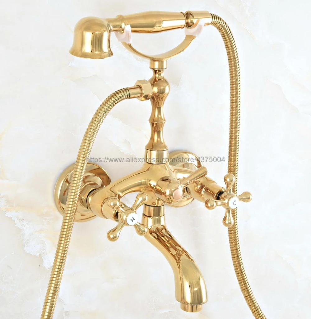 Golden Brass Bathtub Shower Faucet Dual Cross Handle Hand shower Mixer Tap Deck Mounted Bath Shower Set Mixer Faucet Nna808