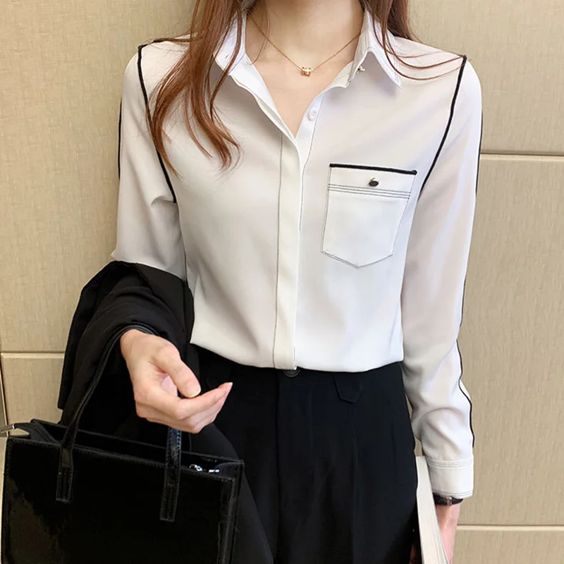 Fashion Bright Line Button Pockets Shirt Office Lady Elegant Chic All-match Shirts Solid Long Sleeve Lapel Casual Women\'s Blouse