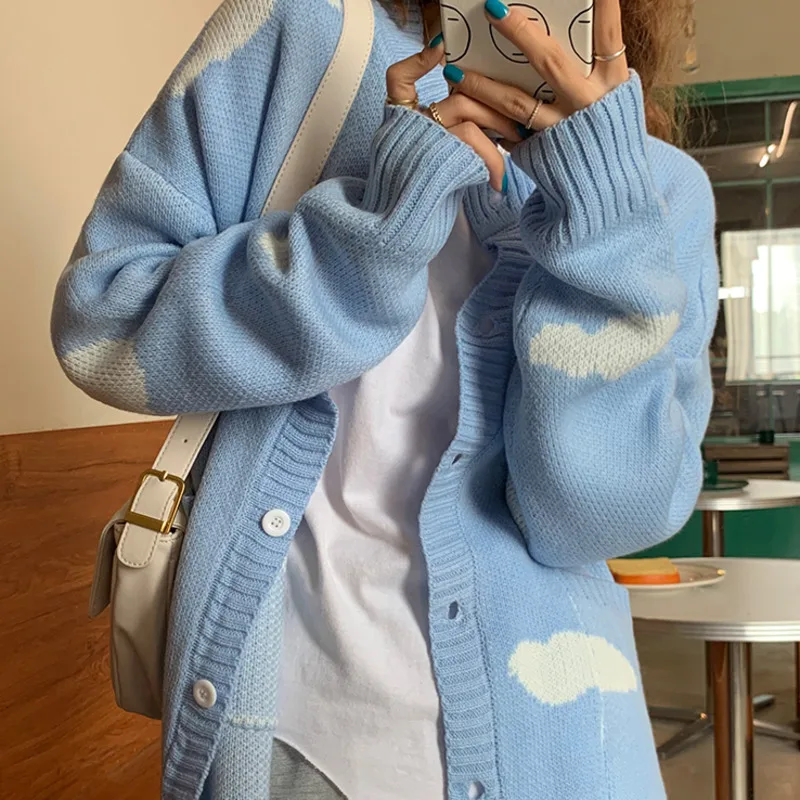 Knitted Female Cardigan Cute Print Clouds O Neck Loose Casual Lady Long Sleeve Knitted Cardigan Women Jacket  Blue White