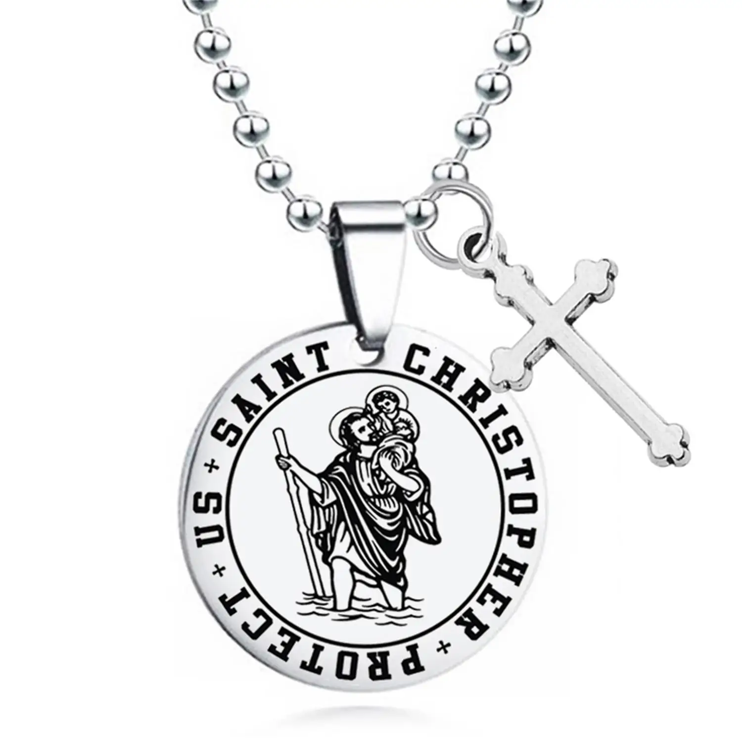 Saint Christopher protect us keychain Stainless Steel Necklace Men Catholic Cross Pendant free engraving Travel blessing jewelry