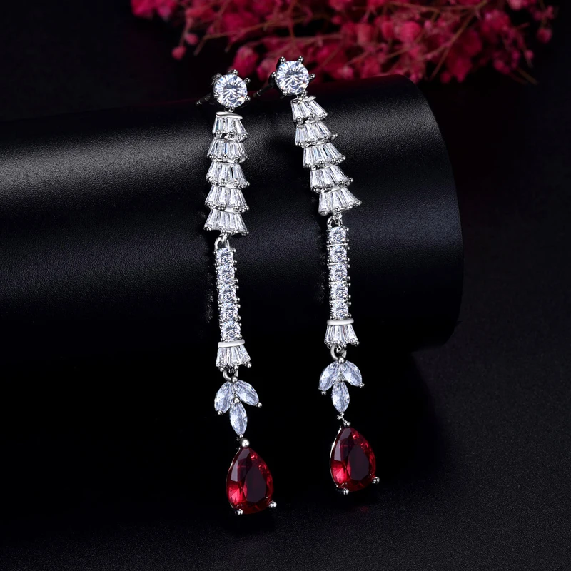 ANGELCZ Sparkling Red Cubic Zirconia Dangle Drop Long Tassel Wedding Earrings Necklace Dubai Jewelry Sets For Women Bridal AJ210