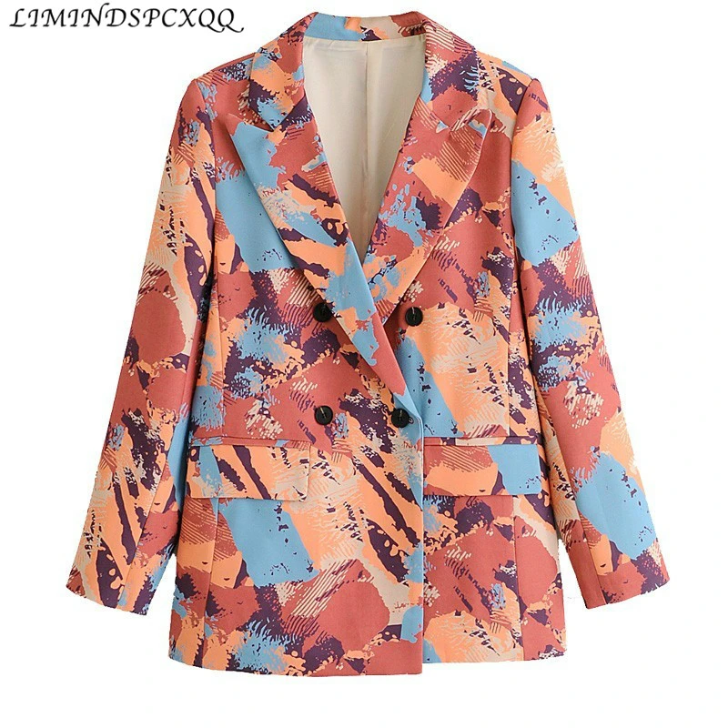 

2021 Spring Autumn women vintage graffiti print blazer female double breasted long sleeve causal stylish outwear suit coat tops