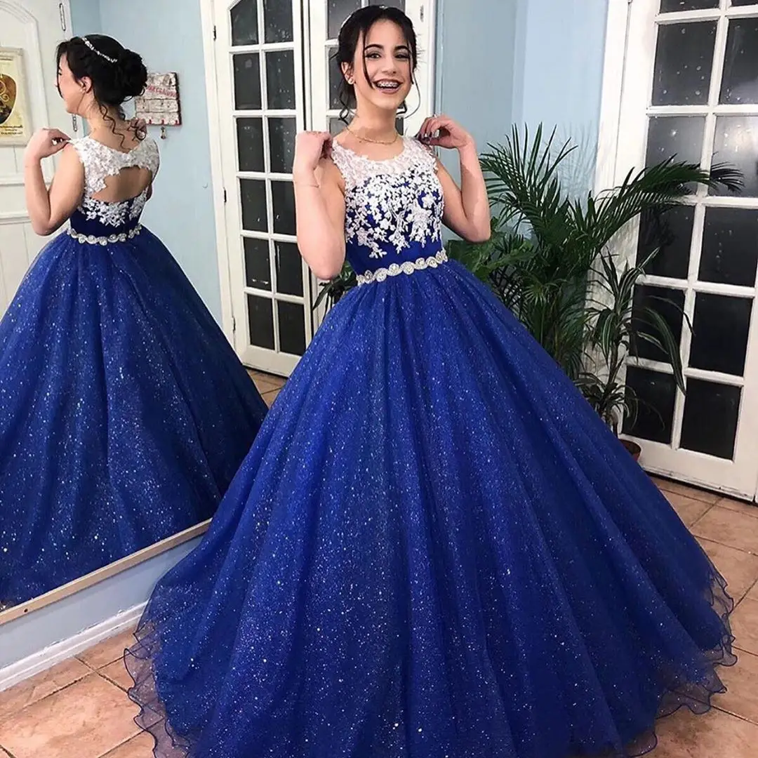 Lấp Lánh Màu Xanh Hoàng Gia Bầu Ren Quinceanera Áo Đầm Vestido 15 Năm Đầm Cổ Tròn Hở Lưng Bé Gái Sweet 16 Trang Trọng bộ Đồ Bầu