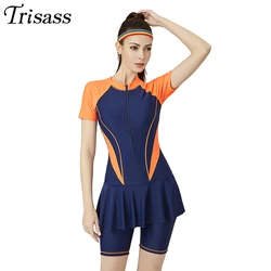 Trisass 2020 New Women's One Piece Skirt Swimwear Plus Size Sport Bodysuit Short Sleeve Pants Surf Suit With Zipper Swimsuit