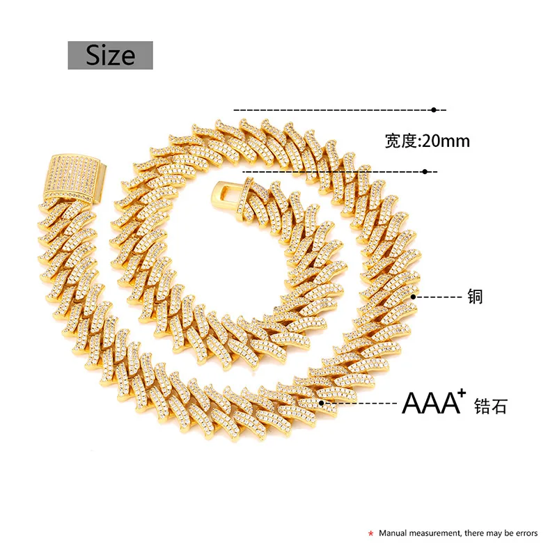 HIP Hop 2 Rows CZ Stone Paved 20mm Solid Rivet Spike Thorns Cuban Miami Link Chain Bracelets Bangles for Men Rapper Jewelry