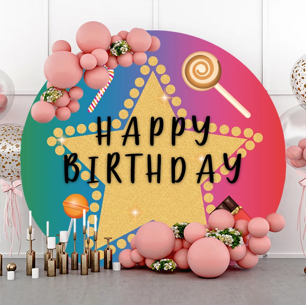 

Laeacco Gold Stars Round Backdrop Happy Birthday Lollipop Candy Baby Child Birthday Party Customized Circle Photo Background