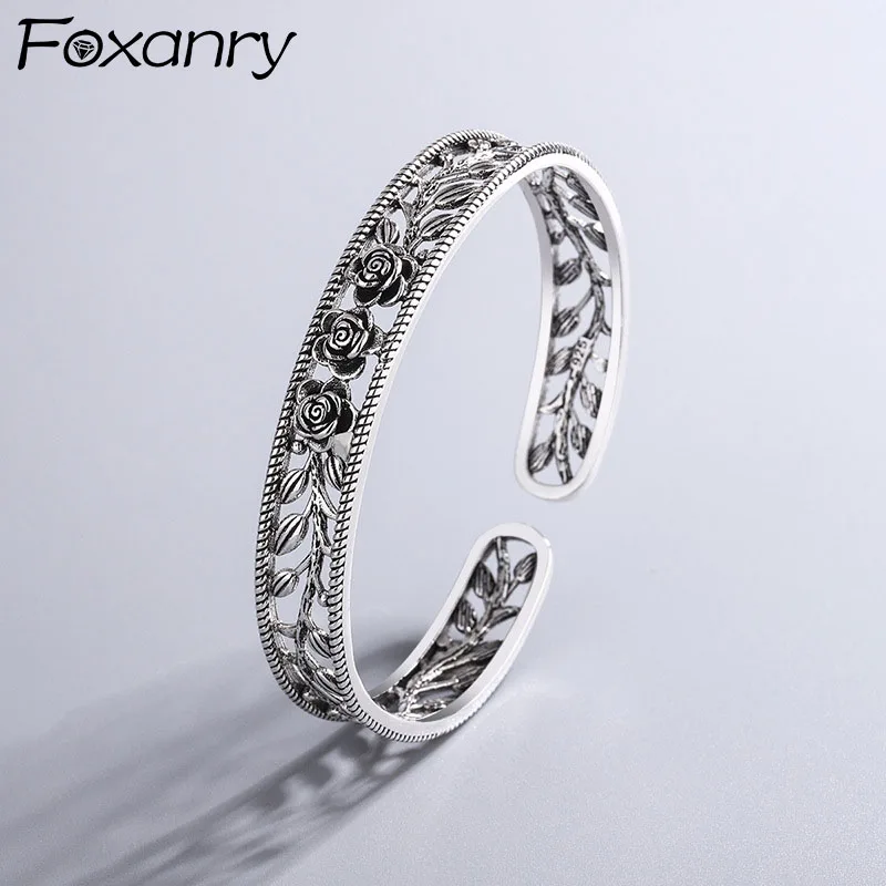 FOXANRY Silver Color Bracelets New Trendy Elegant Charming Vintage Simple Hollow Rose Flower Bangles Thai Silver Jewelry