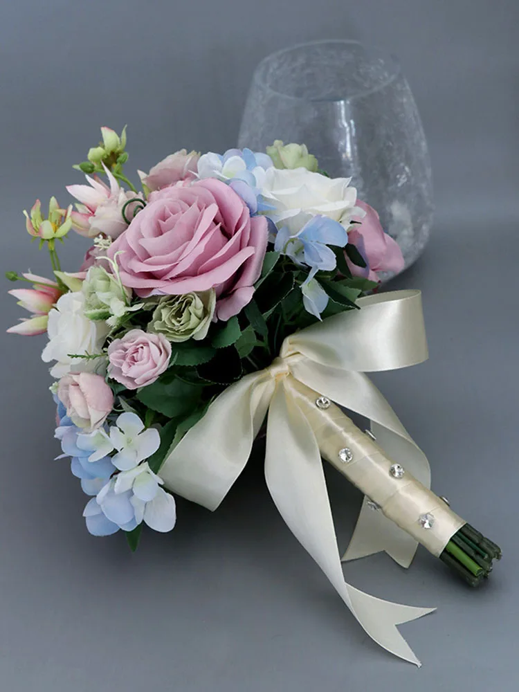 Lovely Pink Bridal Bouquets Wedding Flowers Decorations Blue Ivory 20*28cm