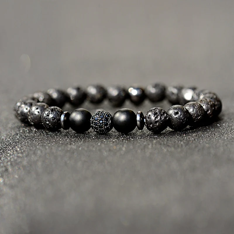 Bracelet extensible pour homme en pierre de lave volcanique naturelle, perles d'agate noire mate, micro-zircon incrusté, style punk, accessoire masculin