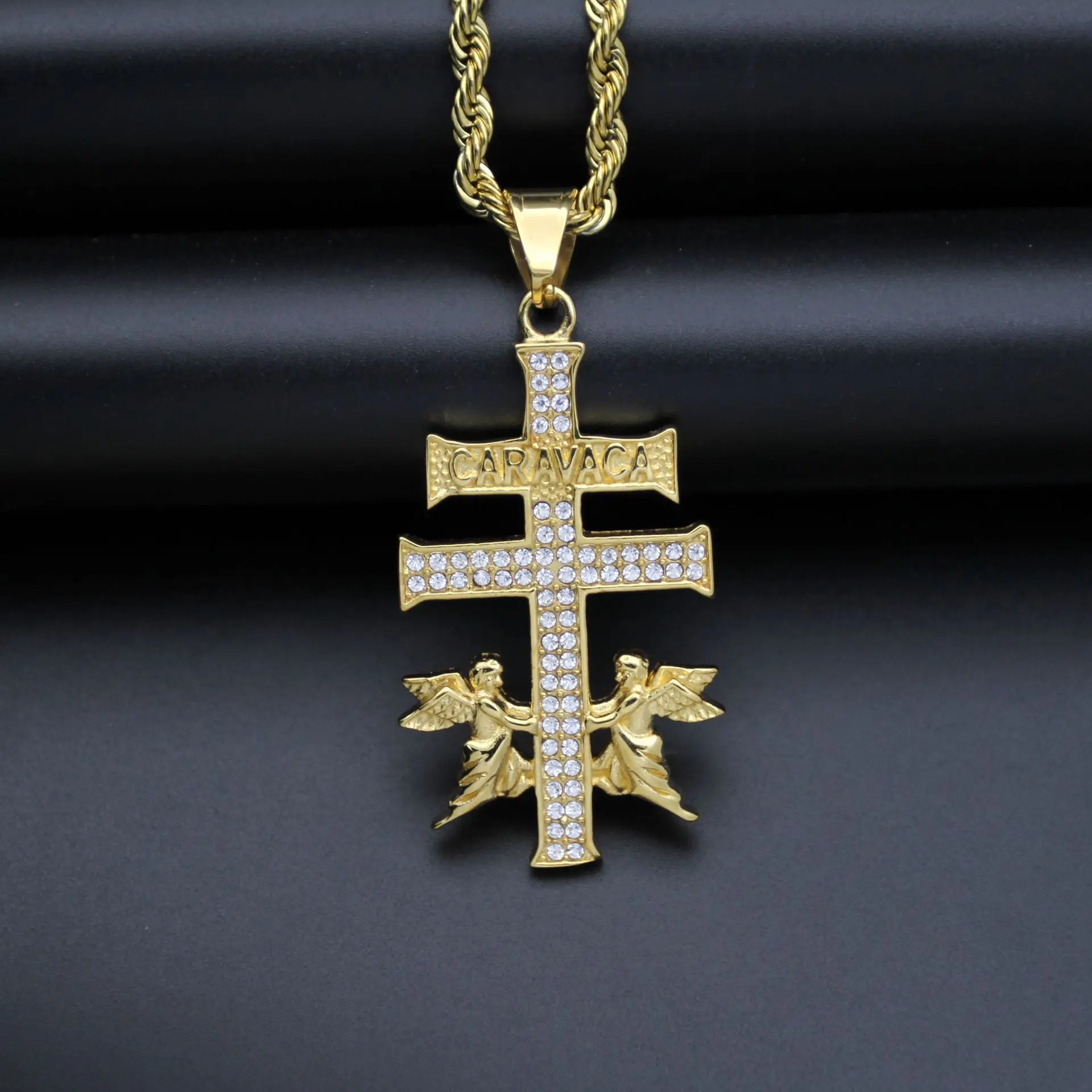 High Quality Hip Hop Rhinestones Paved Iced Out Stainless Steel Caravaca Angel Cross Pendants Necklaces for Men Rapper Jewelry