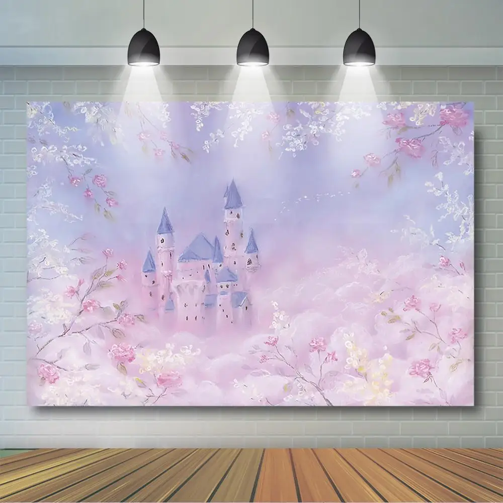 판타지 성-신생아 아기 초상화 배경 보라색 꽃 꿈꾸는 성 배경 소녀 예술 사진 스튜디오 소품