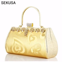 Metal golden clutches bridal handbags for bucket diamonds  party dinner purse bags vintage heart printed evening bags