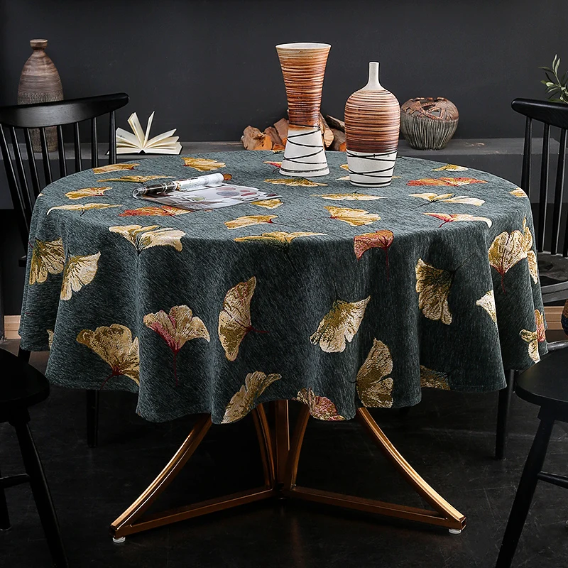 Chenille New Chinese Style Round Luxury Tablecloth Wine Red Blackish Green Ginkgo Leaf Pattern Table Cover Dining Table Cover