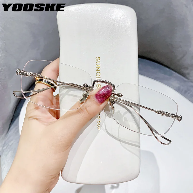 YOOSKE Rimless Reading Glasses Women Anti Blue Light Presbyopic Glasses Men Business Hyperopia Eywear +1.0 1.5 2.0 2.5 3.0 3.5