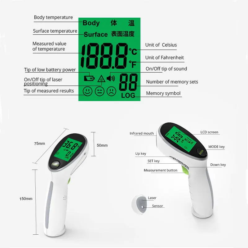 JYHealth Digital Portable Non-contact Infrared Thermometer Gun Fever Baby & Adult Body & surface Temperature forehead termometro