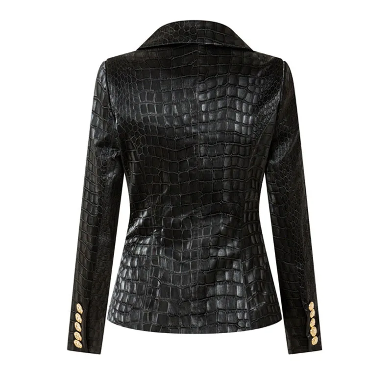 Unique Designing Animal Crocodile Pattern Leather Black Blazer for Women Double Breasted Buttons Luxurious PU Street Jackets