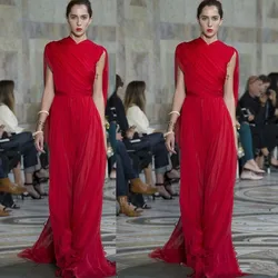 2022 Elie Saab Red Evening Dresses Ruffles High Neck Chiffon Prom Gowns Floor Length Runway Fashion Dresses