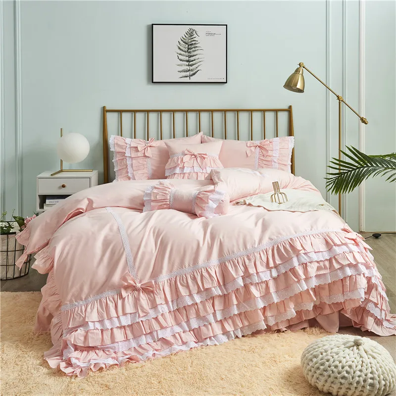 Pure cotton Korean princess ruffles lace cake layers solid color jade pink embroidery skirt-style bedding set