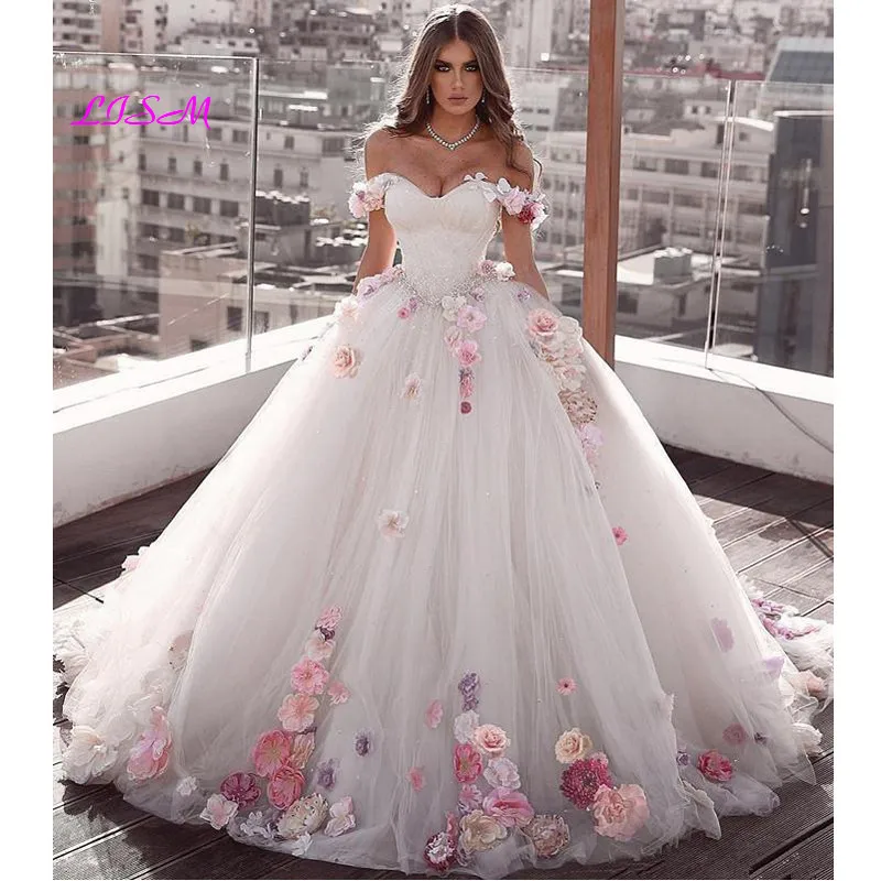 3D Hoa Lệch Vai Trắng Quinceanera Đầm Bầu Sweet 16 Năm Đầm Công Chúa Dài Thanh Lịch Voan Dạ Hội