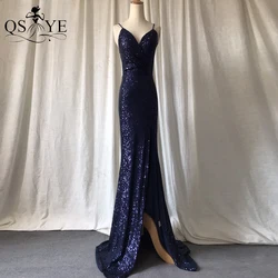 Navy Mermaid Evening Dresses Spaghetti Straps Cheap Prom Gown Sequined Elegant Party Dress Glitter Ruched Sexy V Neck Woman Gown