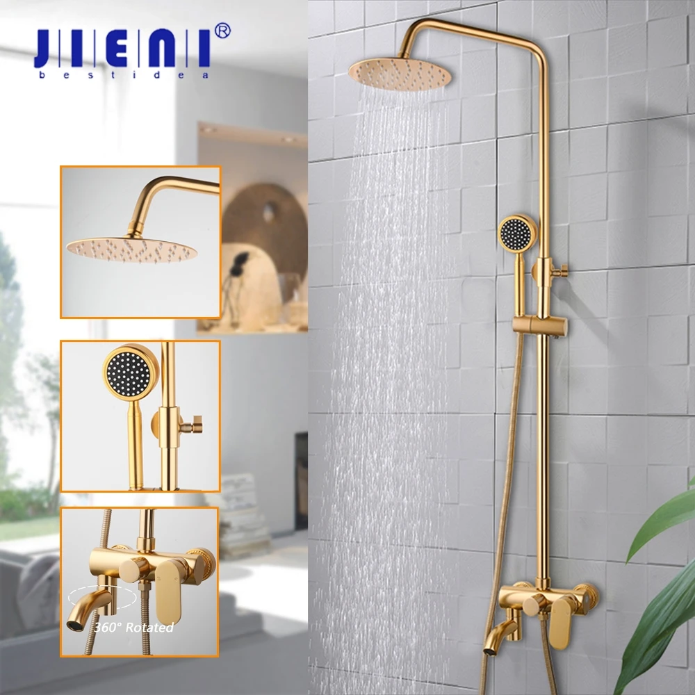 JIENI Brushed Golden Bathroom Shower Faucet Rainfall Shower Bathtub Mixer W/ Hand Shower Rotated Spray Bath Shower Faucet Set