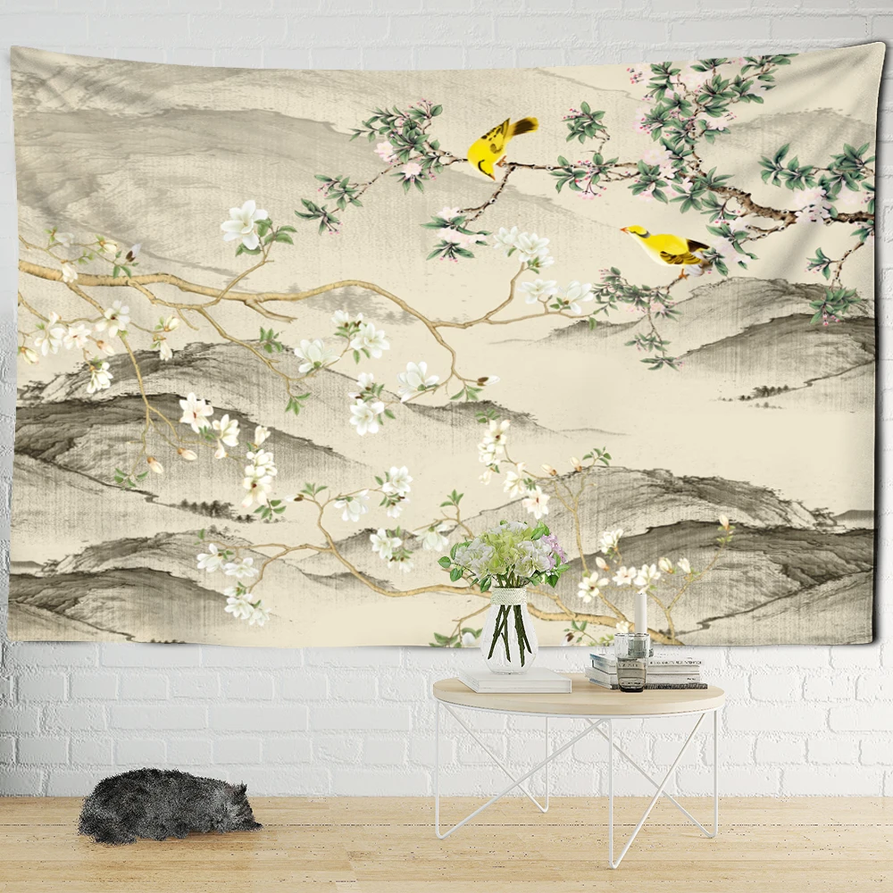 Chinese Style Flower Bird Print Large Wall Tapestry Peach Blossom Plum Blossom Wall Hanging Art Carpet Bohemian Mandala Tapestry