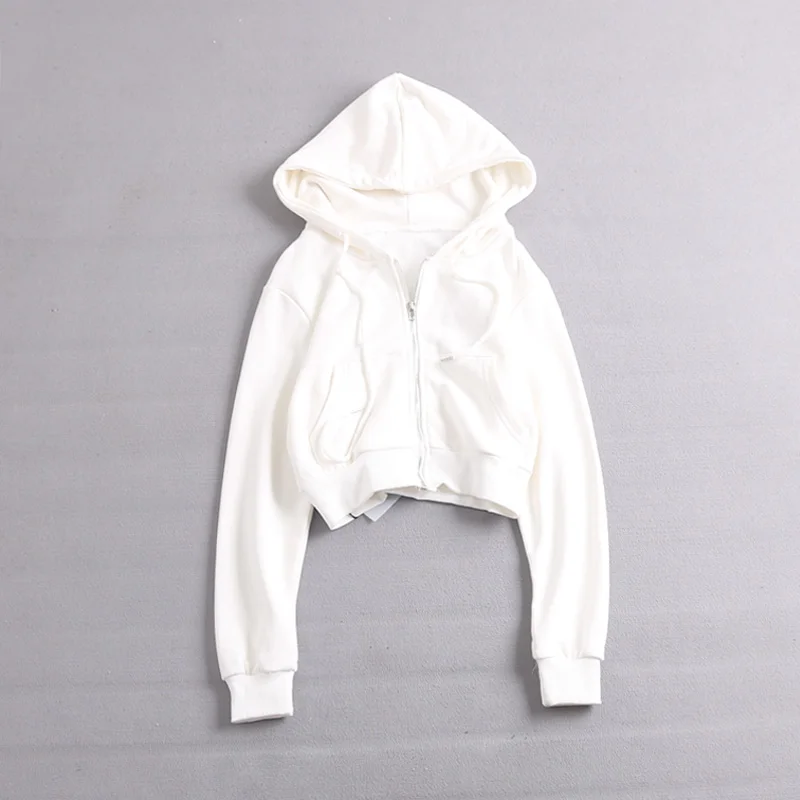 Front Pockets Zip Up Hoodies Women Spring Fall Solid Color Crop Top Casual Sweatshirt Ladies White Black Cropped Hooded