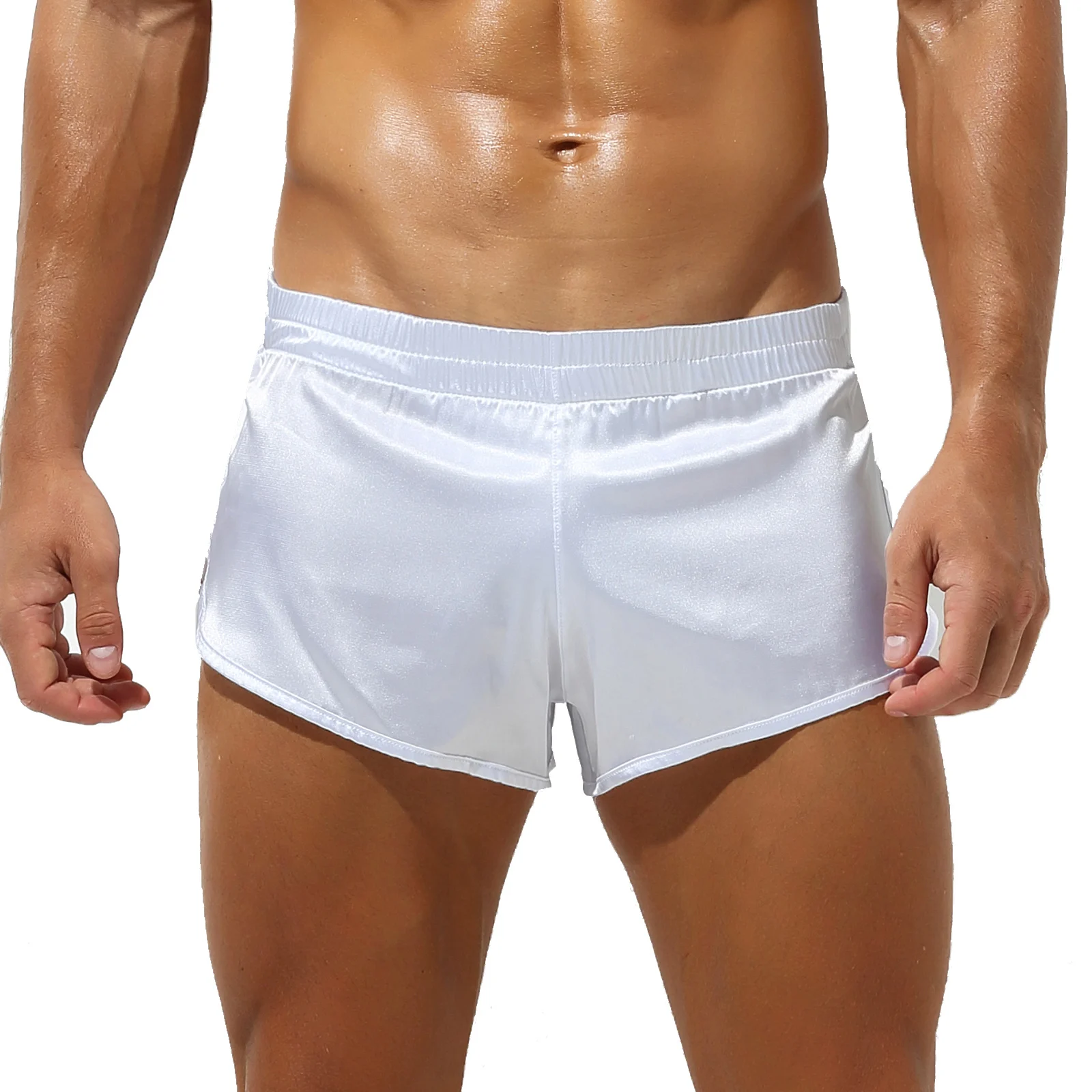 Men Low Waist Satin Shorts Solid Color Underwear Side Split Elastic Waistband Sleep Bottom Underpants Nightwear