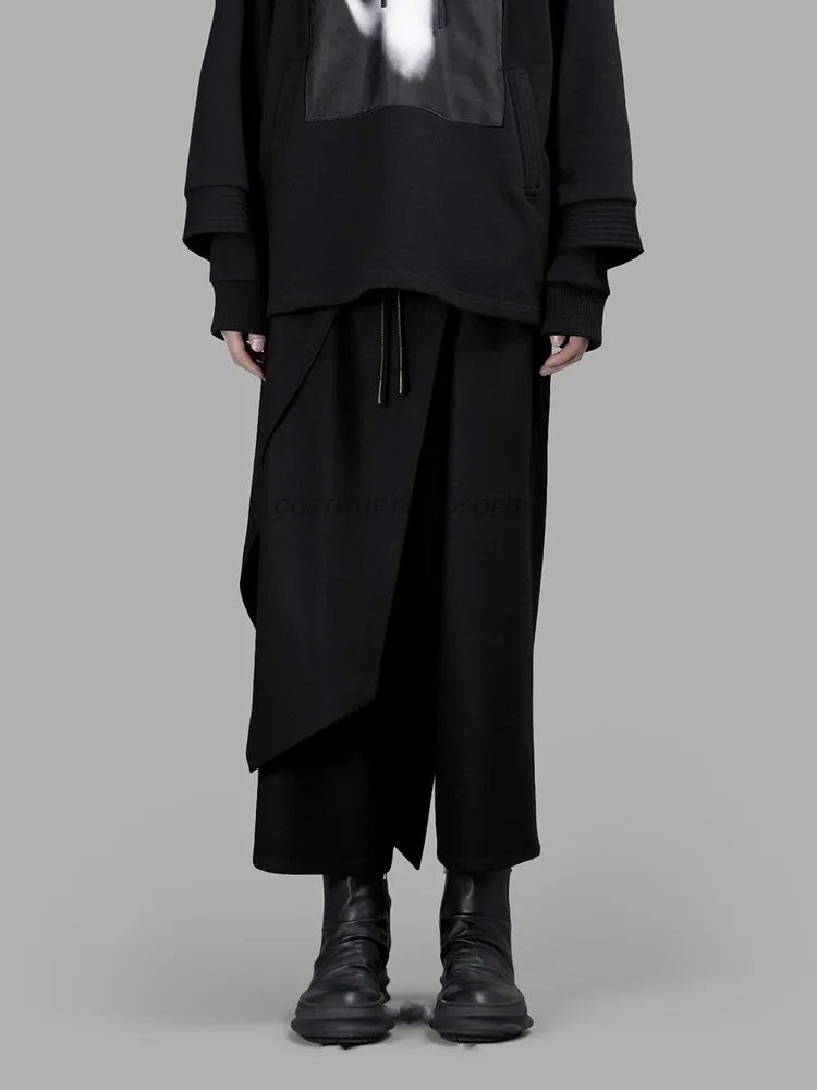 Spring And Autumn Men's New Irregular Design False Two Loose Casual Pants Wide Leg Skirt Pants Nine Points Pants Black