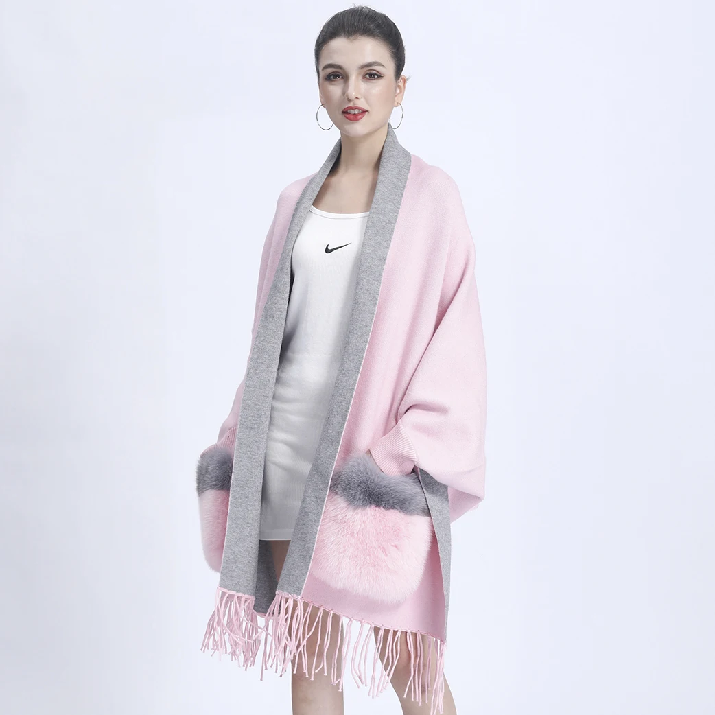 MISSJANEFUR Poncho Women Winter Warm Wool Cashmere Cape Coats Woman Winter 2021 Luxury Real Fox Fur Poncho Cloak