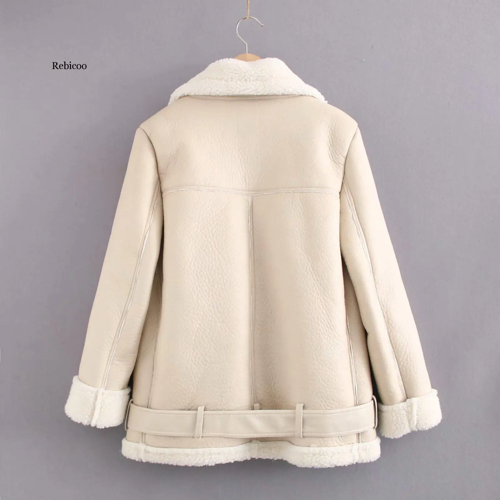 Rebicoo-chaqueta de cuero PU con cremallera para mujer, abrigo grueso de lana de cordero con cuello de piel, manga larga, mantiene el calor, Invierno