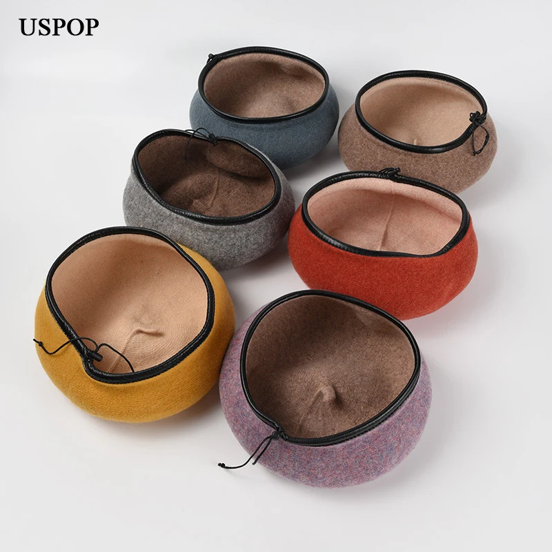 

USPOP Winter Hats Women Wool Berets Thick Wool Knitted Double Berets Female Warm Hat