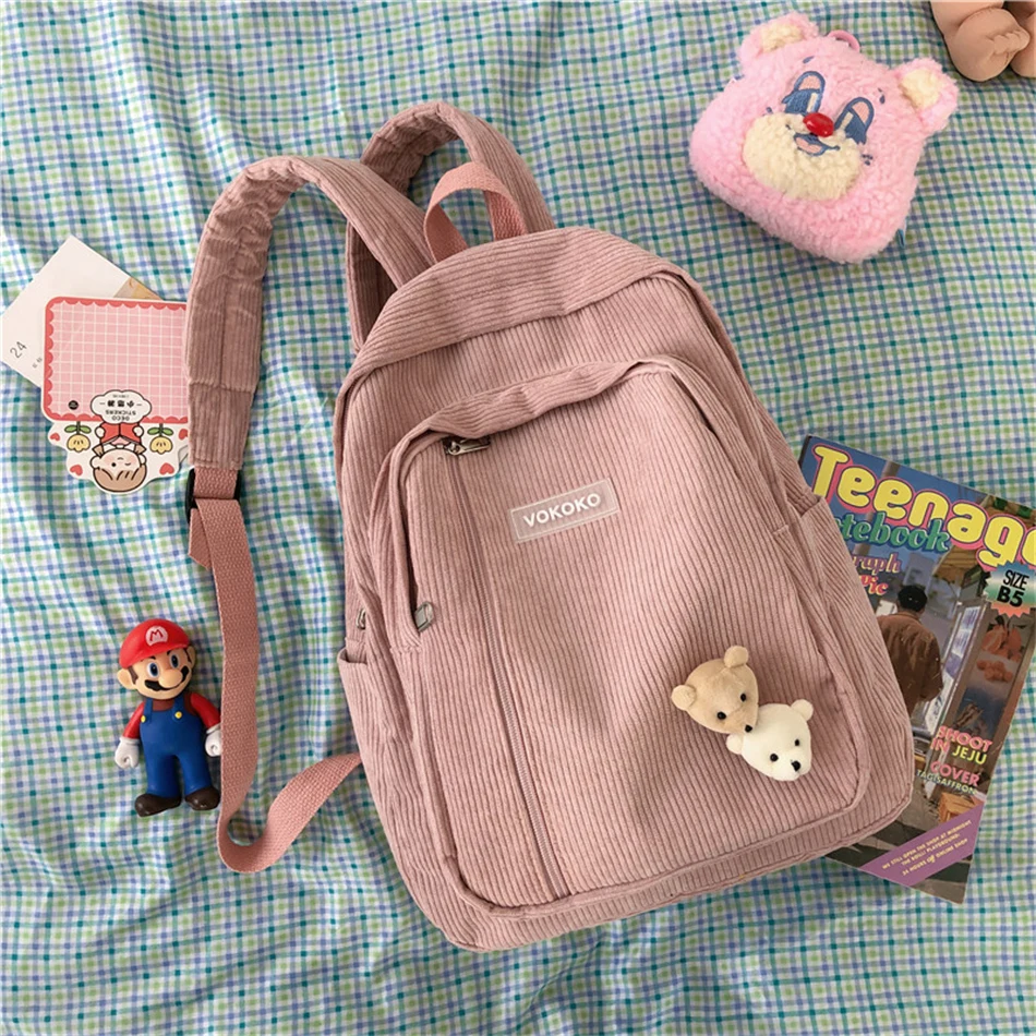 Stripe Corduroy Woman Backpack Purse Simple School Bag for Teenage Girls Female Travel Bagpack Kawaii Student Book Bag Rucksack