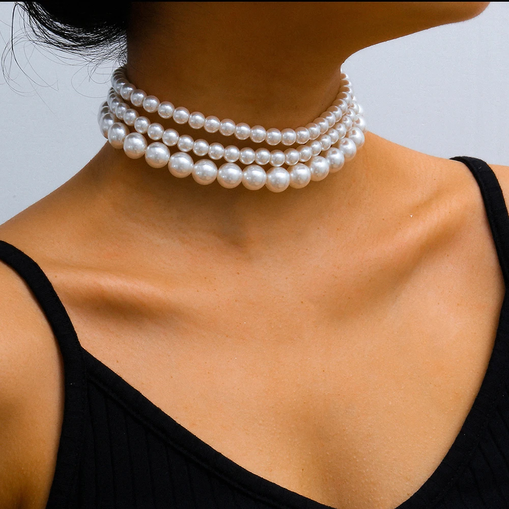 IngeSight.Z 3Pcs/Set Boho Multi Layered Imitation Pearl Choker Necklace Statement Short Collar Clavicle Necklaces Women Jewelry