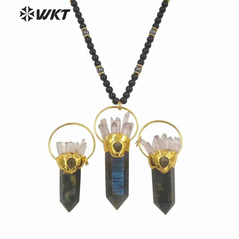 

WT-N1244 Wholesale natural long women black a-gate spirit labradorite pendant necklace gold gorgeous big chunky stone necklace