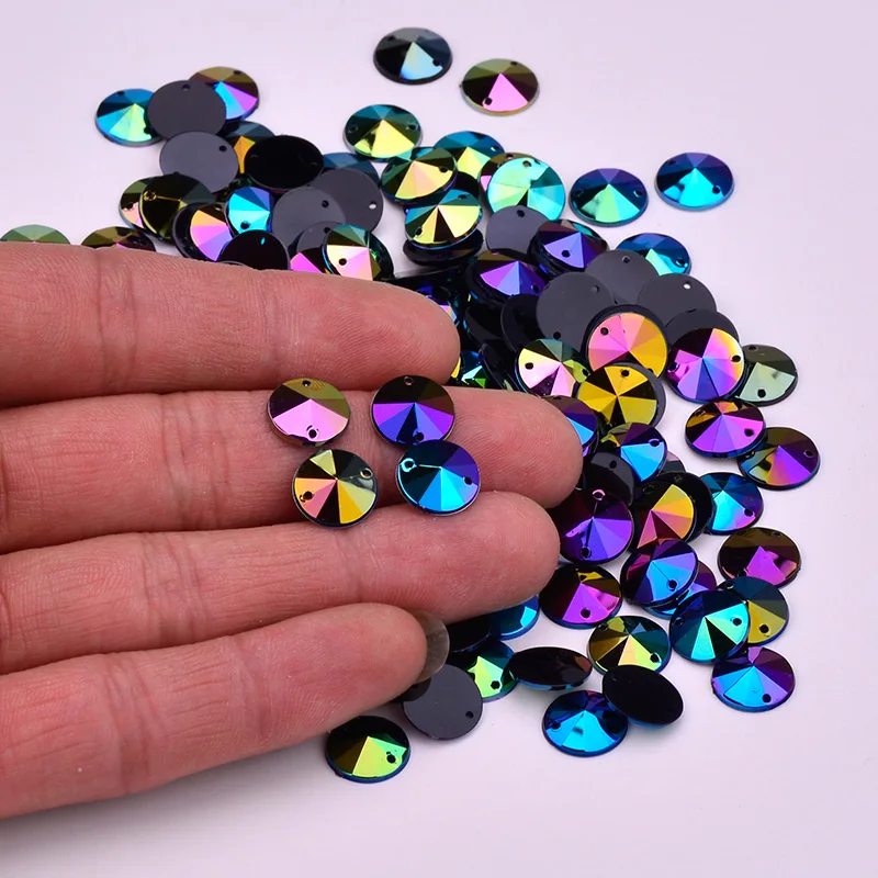 JUNAO 1000pcs 10mm Sewing Black AB Rivoli Crystal Rhinestone Flat Back Sewn Stones Glitter Strass Applique for Needlework Crafts
