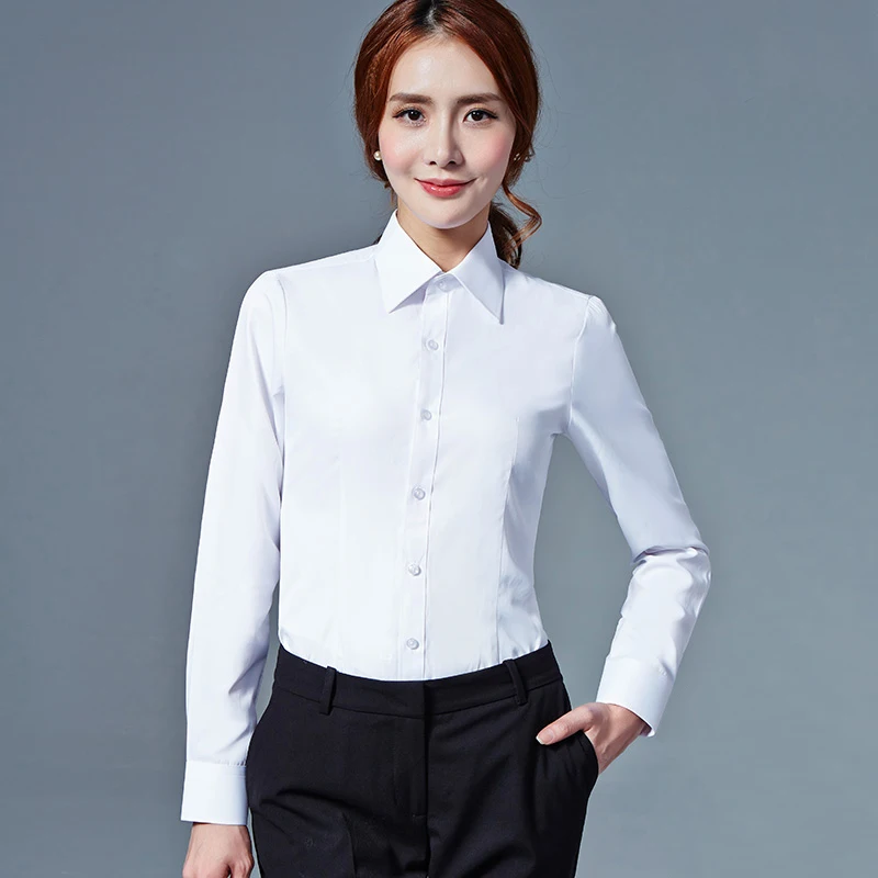 Ladies Office Versatile Slim-fit Formal Blouses & Shirts Female Casual Long Sleeve Solid White Dress Shirt Women\'s Clothing